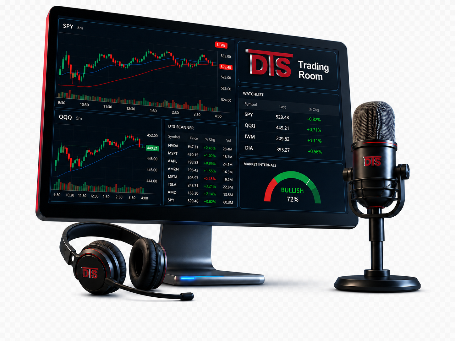 DTS Trading Room with multi-monitor workstation, market charts, and microphone